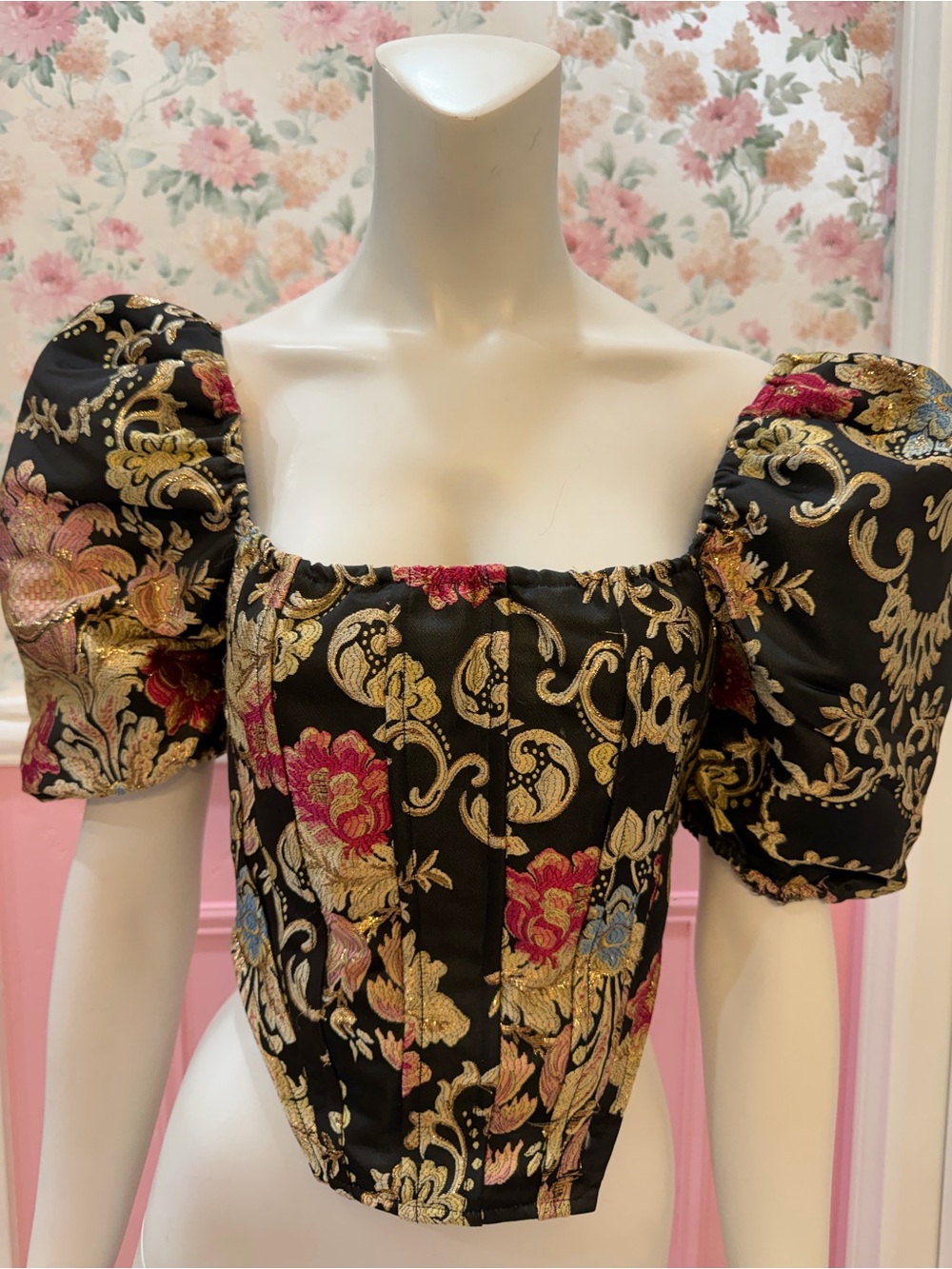 Black Brocade Puff-Sleeve Floral Crop Top
